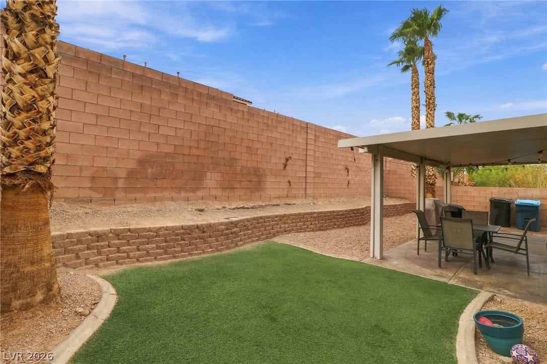 An inviting covered patio opens onto a private yard featuring low-maintenance artificial turf.