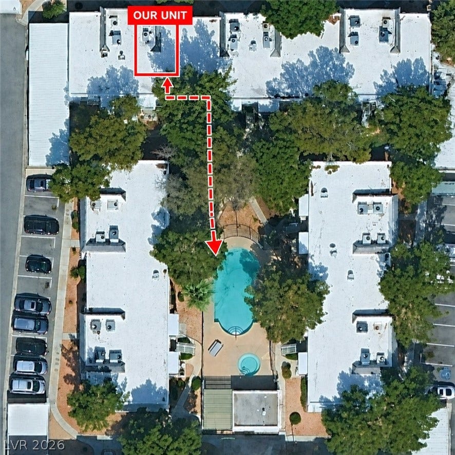3823 S Maryland Parkway, #B11, Las Vegas, NV 89119 An aerial perspective shows the proximity of the residence to the shared courtyard pool.