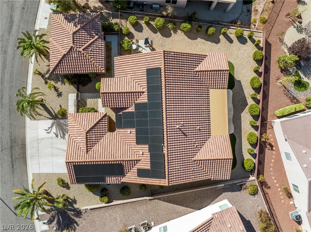 2432 Anderson Park Drive, Henderson, NV 89044 An aerial view showcases the tile roof equipped with a solar panel system.