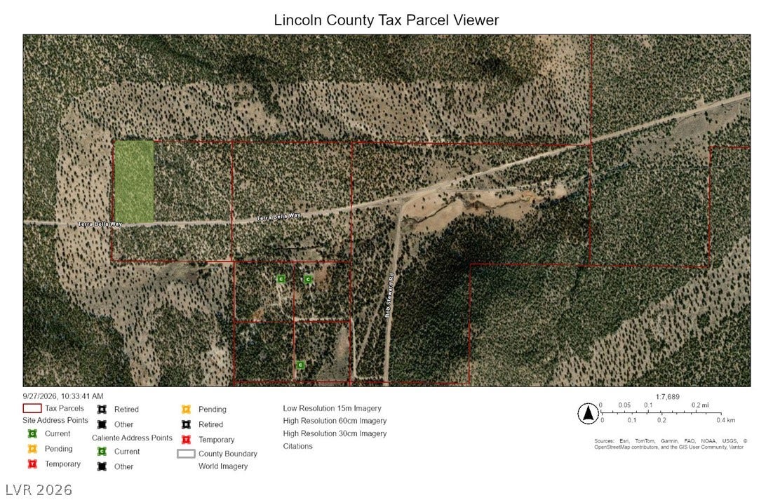 Lot 1-A Side Hill Pass, Pioche, NV 89043 An aerial tax parcel map shows the property boundaries and surrounding natural terrain.