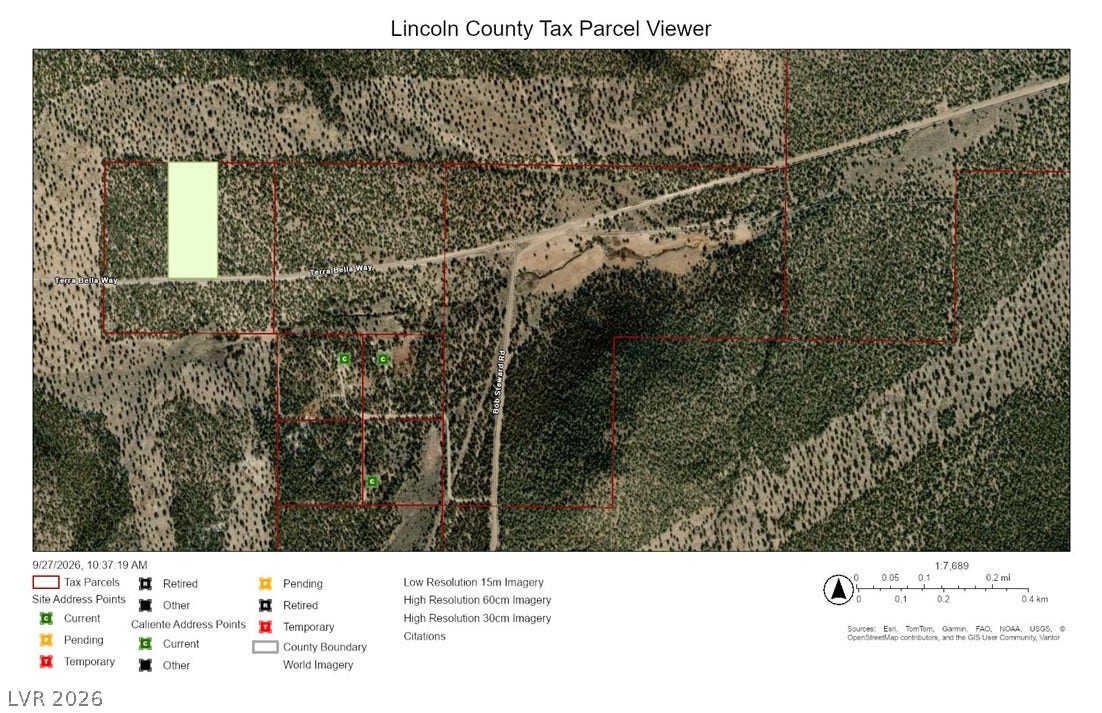 Lot 1-B Side Hill Pass, Pioche, NV 89043 Detailed tax parcel map displaying the property boundaries and surrounding rural terrain.