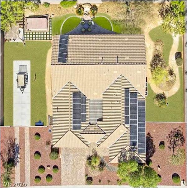 8618 Amber Autumn Street, Las Vegas, NV 89131 An overhead view reveals a tiled roof equipped with integrated solar panels.