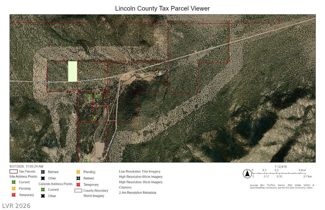 Lot 1-C Side Hill Pass, Pioche, NV 89043 A detailed aerial tax parcel map outlines the boundaries of the expansive surrounding acreage.