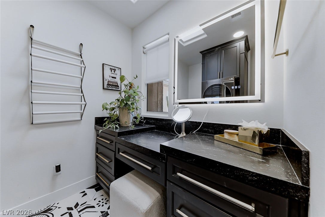 2601 Arimo Drive, Henderson, NV 89052 Custom cabinetry and dark stone countertops create a highly functional dressing or vanity area.