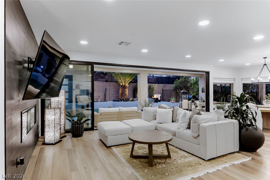 2601 Arimo Drive, Henderson, NV 89052 Retractable glass doors connect this contemporary living space directly to the outdoor patio.