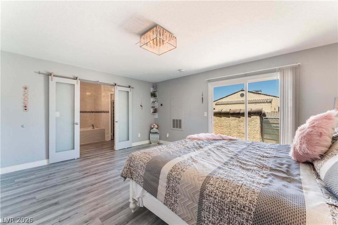 6250 W Flamingo Road, #37, Las Vegas, NV 89103 Sliding glass doors reveal a private outdoor space, complementing the clean lines of this primary bedroom.