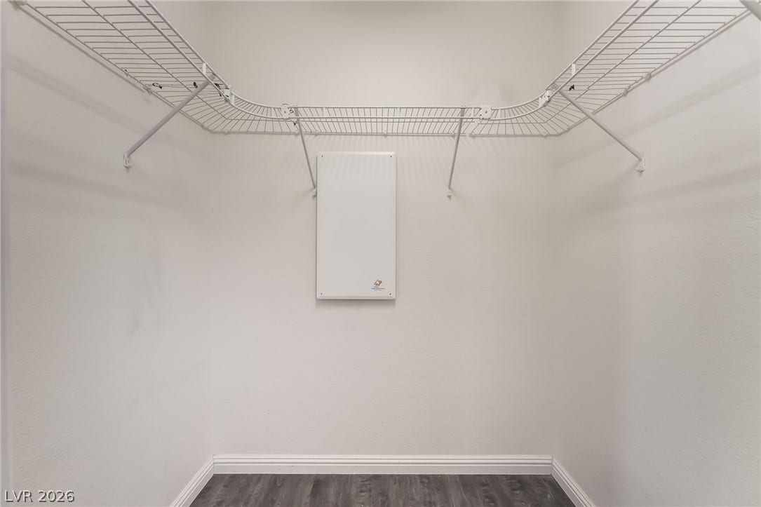 Spacious closet with dark wood-style flooring