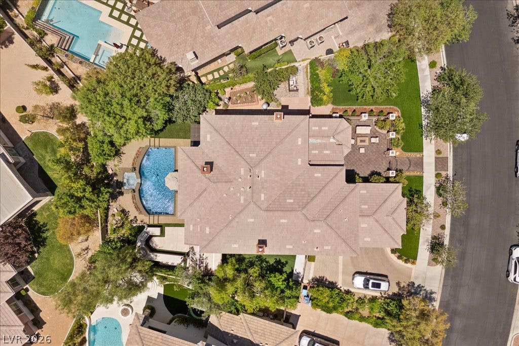 2985 American River Lane, Las Vegas, NV 89135 Birds-eye view of the homes pool and landscaped grounds.