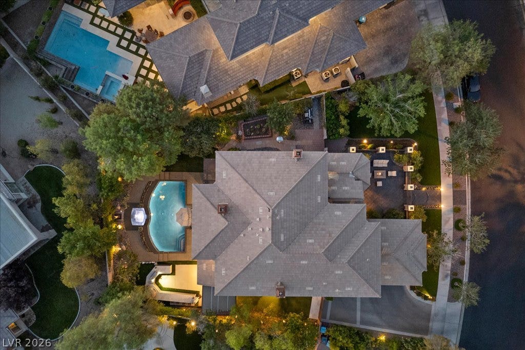 2985 American River Lane, Las Vegas, NV 89135 Birds-eye view of the estates pool and landscaped grounds.