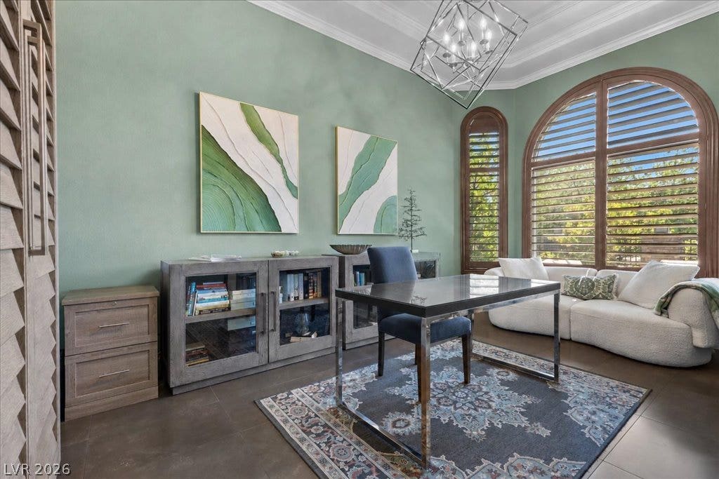 2985 American River Lane, Las Vegas, NV 89135 Elegant office with rich wood shutters and crown molding.