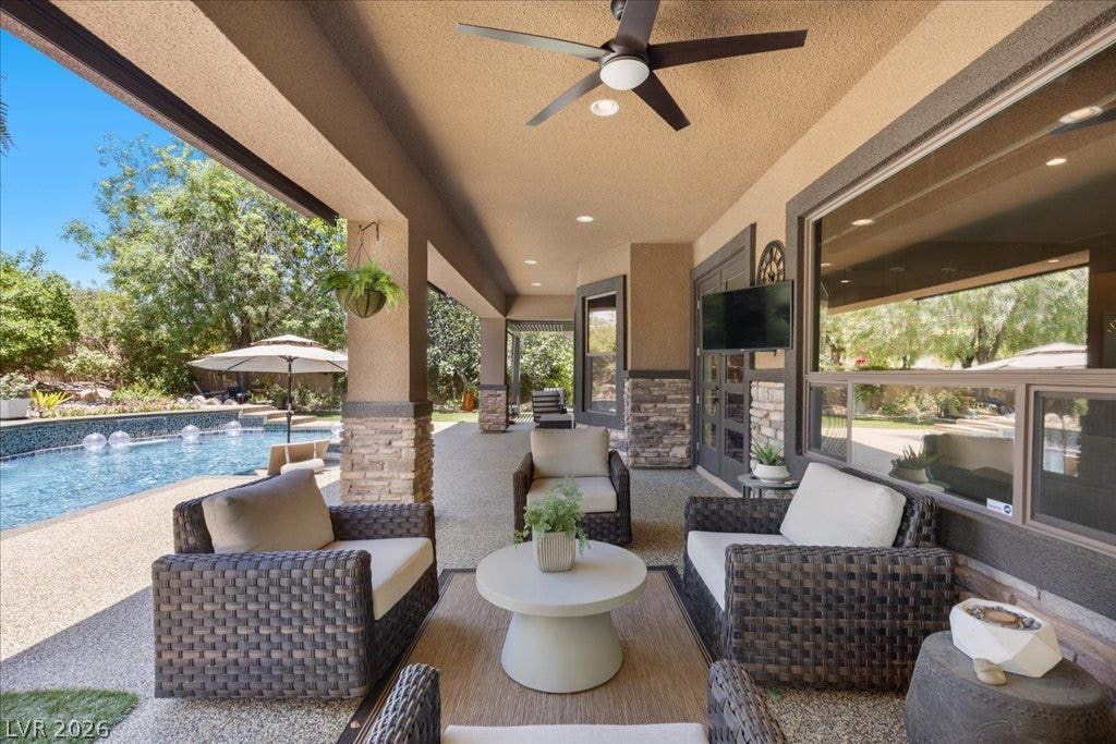 2985 American River Lane, Las Vegas, NV 89135 Inviting patio and pool area perfect for relaxing.