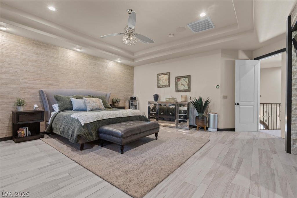 2985 American River Lane, Las Vegas, NV 89135 Comfortable primary suite with elegant architectural details.