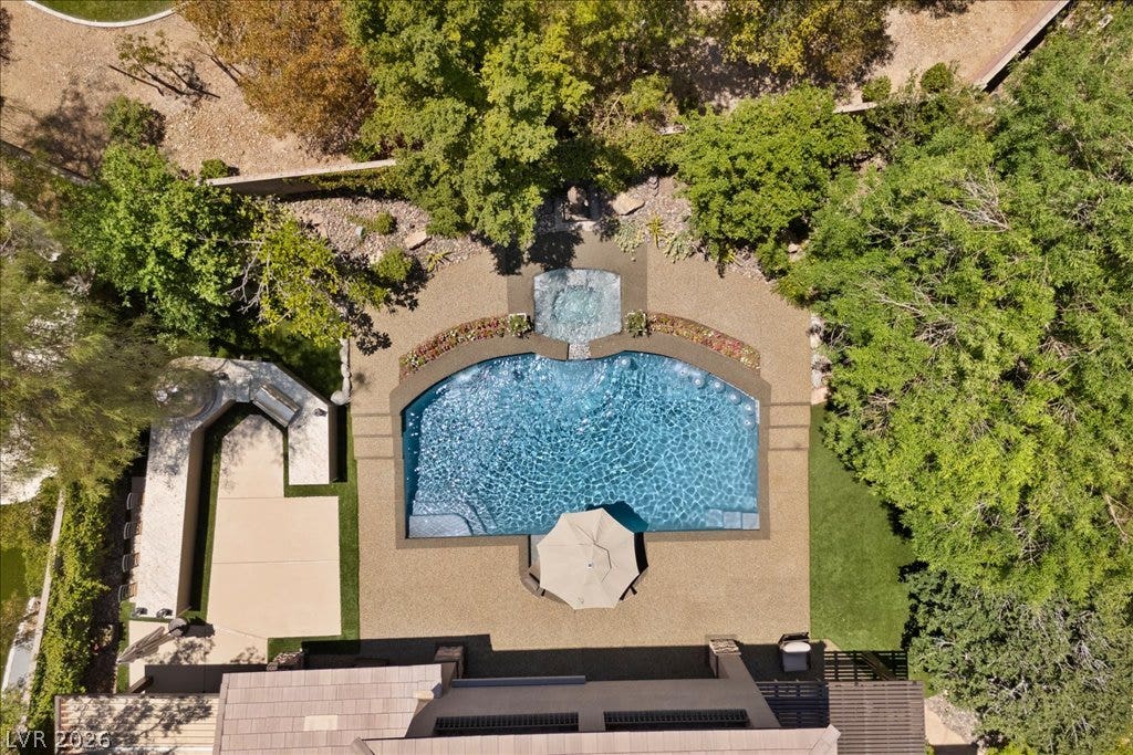 2985 American River Lane, Las Vegas, NV 89135 Birds-eye view of the homes pool and landscaped grounds.