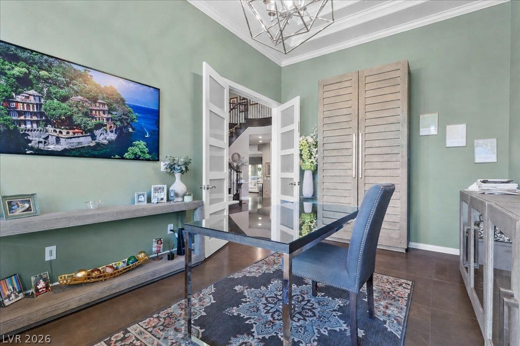 2985 American River Lane, Las Vegas, NV 89135 Home office featuring high ceilings and elegant French doors.