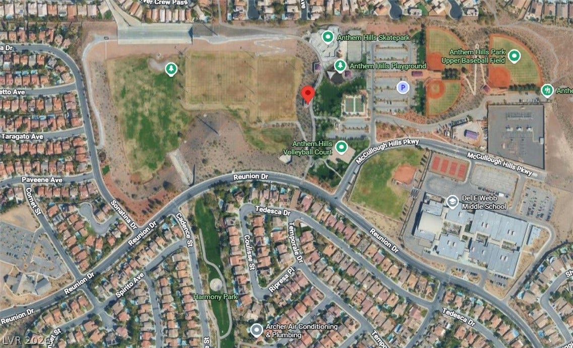 2386 Flute Avenue, Henderson, NV 89052 An aerial map highlights proximity to neighborhood schools, parks, and recreation courts.