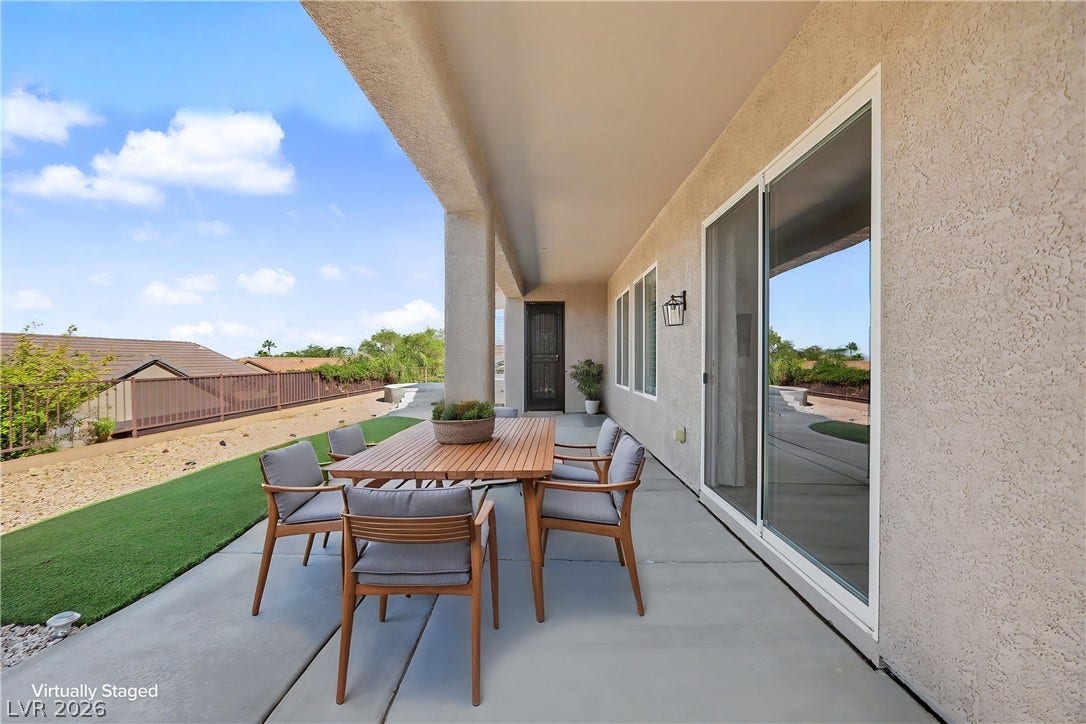 2073 Fountain City Street, Henderson, NV 89052 Picture alfresco dinners with family and friends under the covered patio with green turf and mountain views.