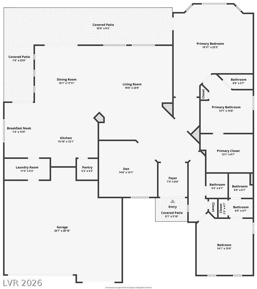 2073 Fountain City Street, Henderson, NV 89052 An organized floor plan showcases a spacious layout with multiple living areas and covered patios.