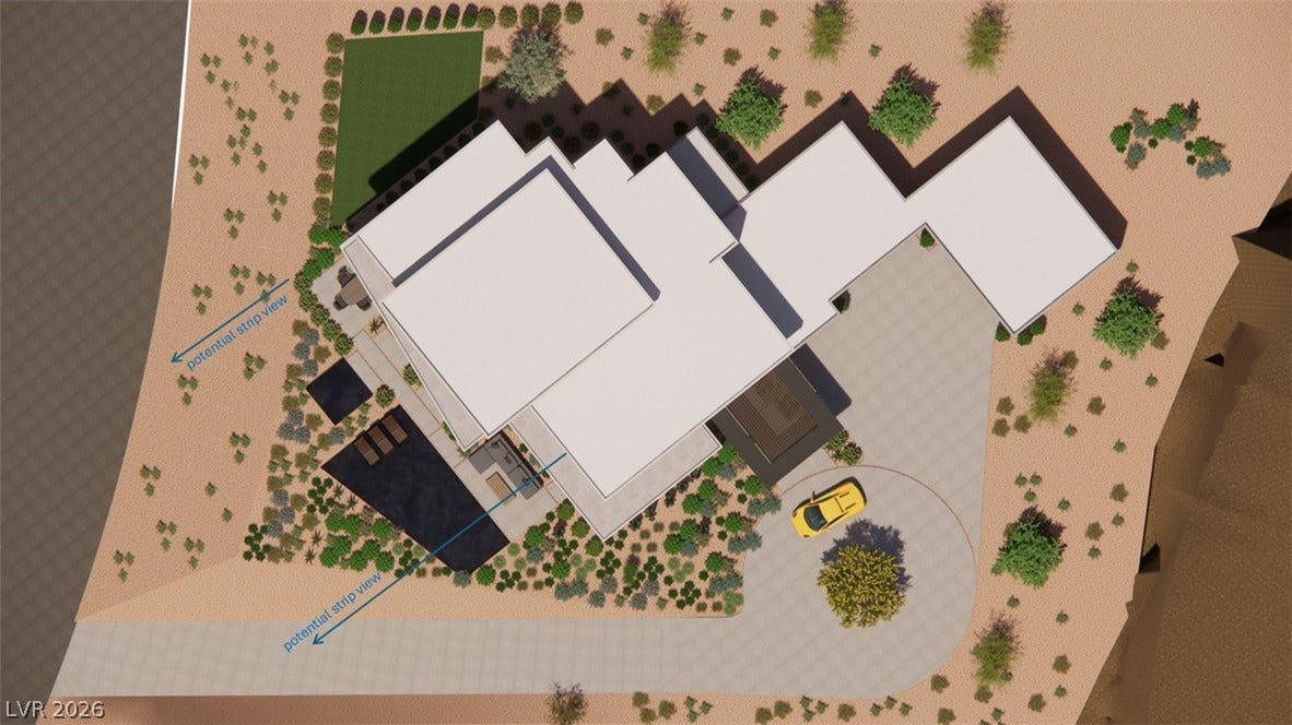 7 Chisel Crest Court, Henderson, NV 89012 Bird's-eye architectural rendering reveals the modern estate layout nestled in a private desert landscape.