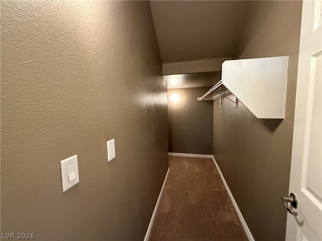 5904 Gold Horizon Street, North Las Vegas, NV 89031 An organized walk-in closet boasts built-in shelving, hanging rods, and carpet flooring.