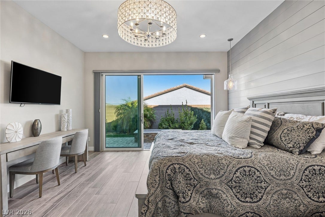 3382 Spring Rock Avenue, Henderson, NV 89044 Sliding glass doors open directly to the patio from this modern primary suite.