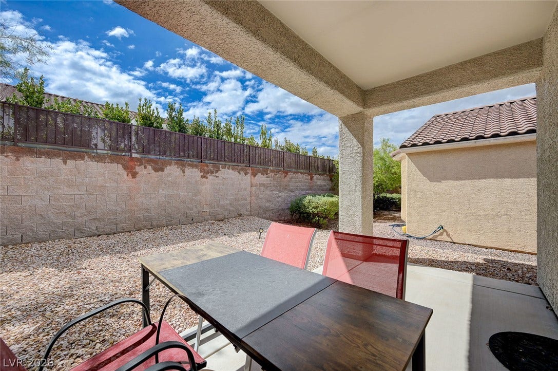 2851 Sapphire Desert Drive, Henderson, NV 89052 A covered patio offers a private outdoor retreat alongside low-maintenance gravel landscaping.