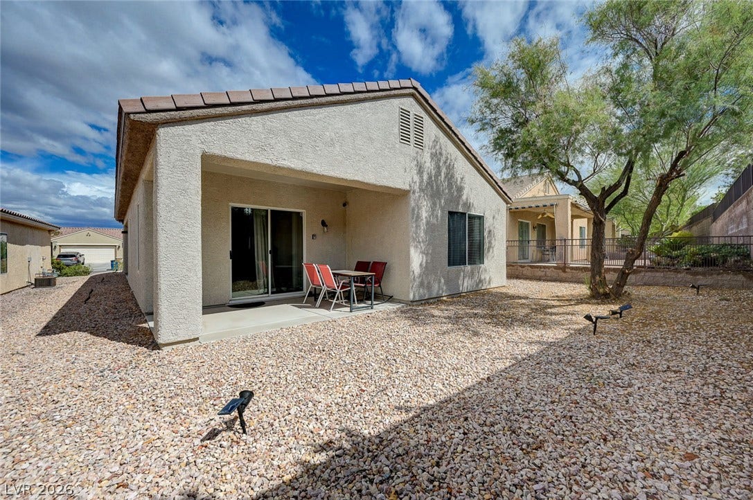 2851 Sapphire Desert Drive, Henderson, NV 89052 A covered back patio overlooks the low-maintenance desert landscaping and gravel yard.