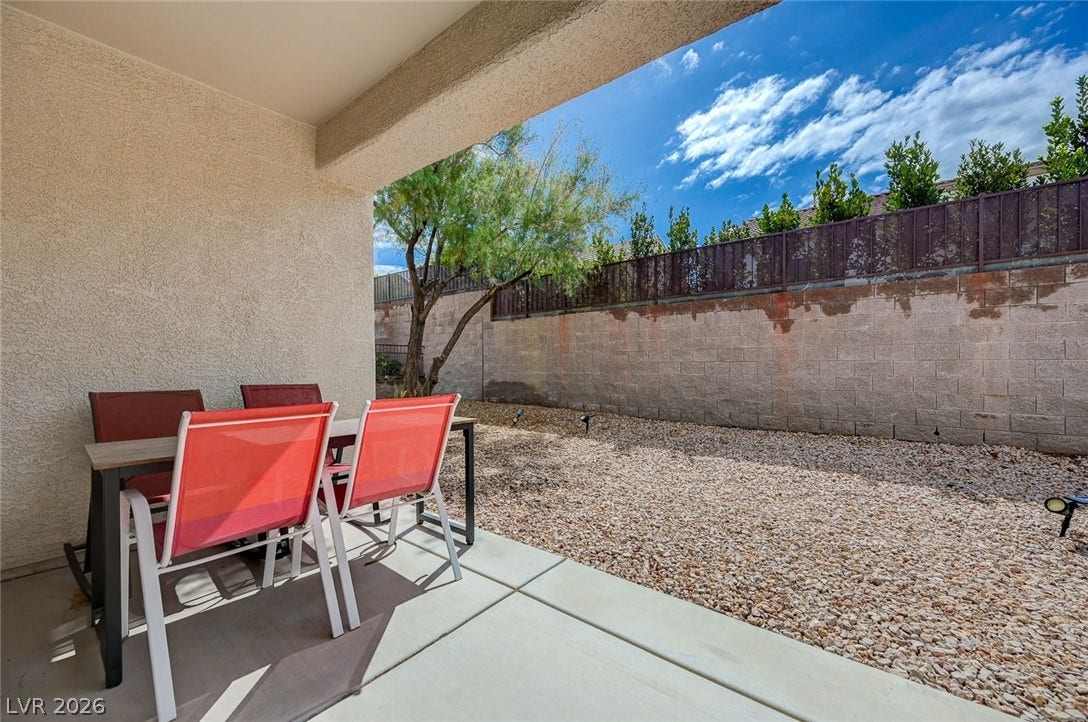 2851 Sapphire Desert Drive, Henderson, NV 89052 A covered concrete patio overlooks a low-maintenance gravel yard enclosed by a privacy wall.