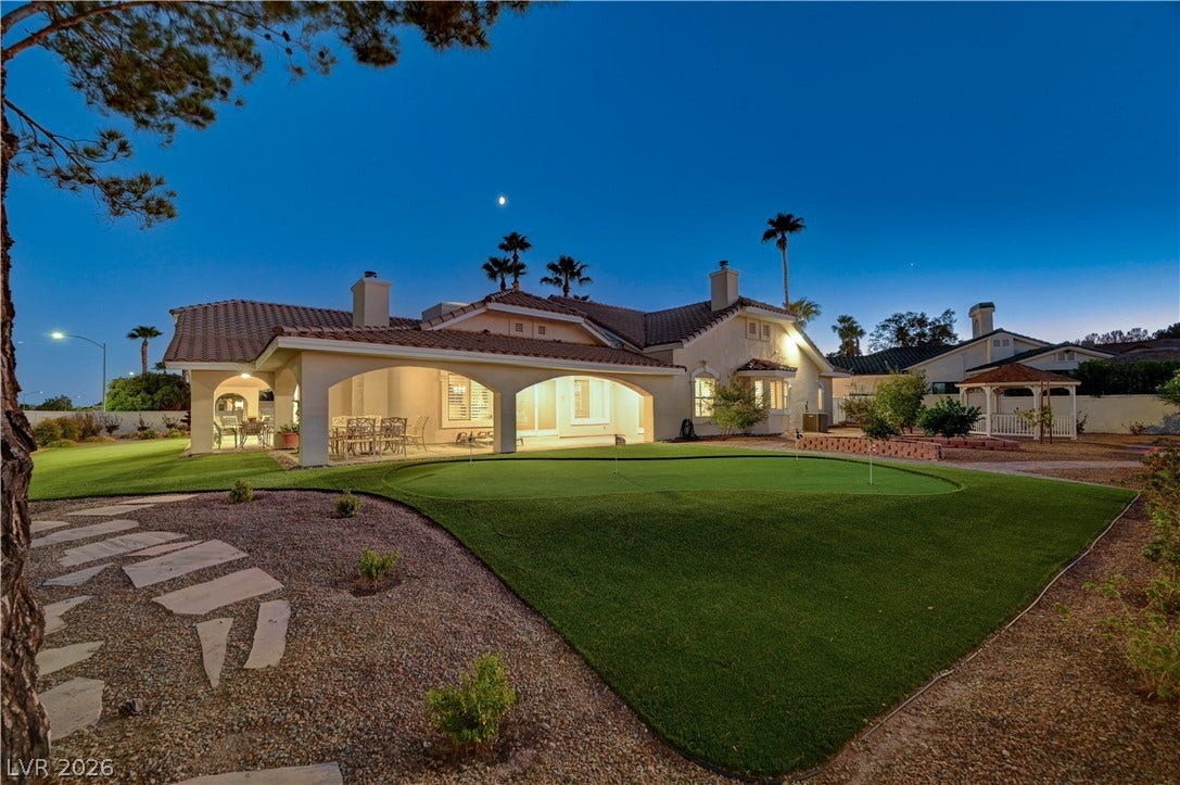 2000 Alexa Breanne Court, Las Vegas, NV 89117 An inviting covered patio opens to a custom putting green under a twilight sky.