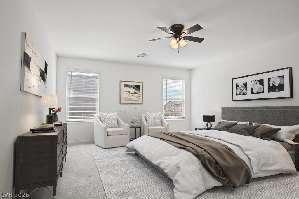 Virtually Staged Plentiful natural light streams across this carpeted bedroom through dual windows.
