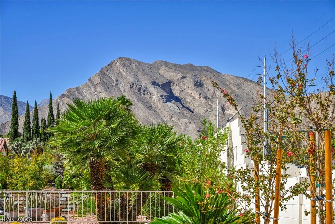 10020 Villa Ridge Drive, Las Vegas, NV 89134 Rugged peaks tower behind the property line, creating a dramatic and scenic backdrop.