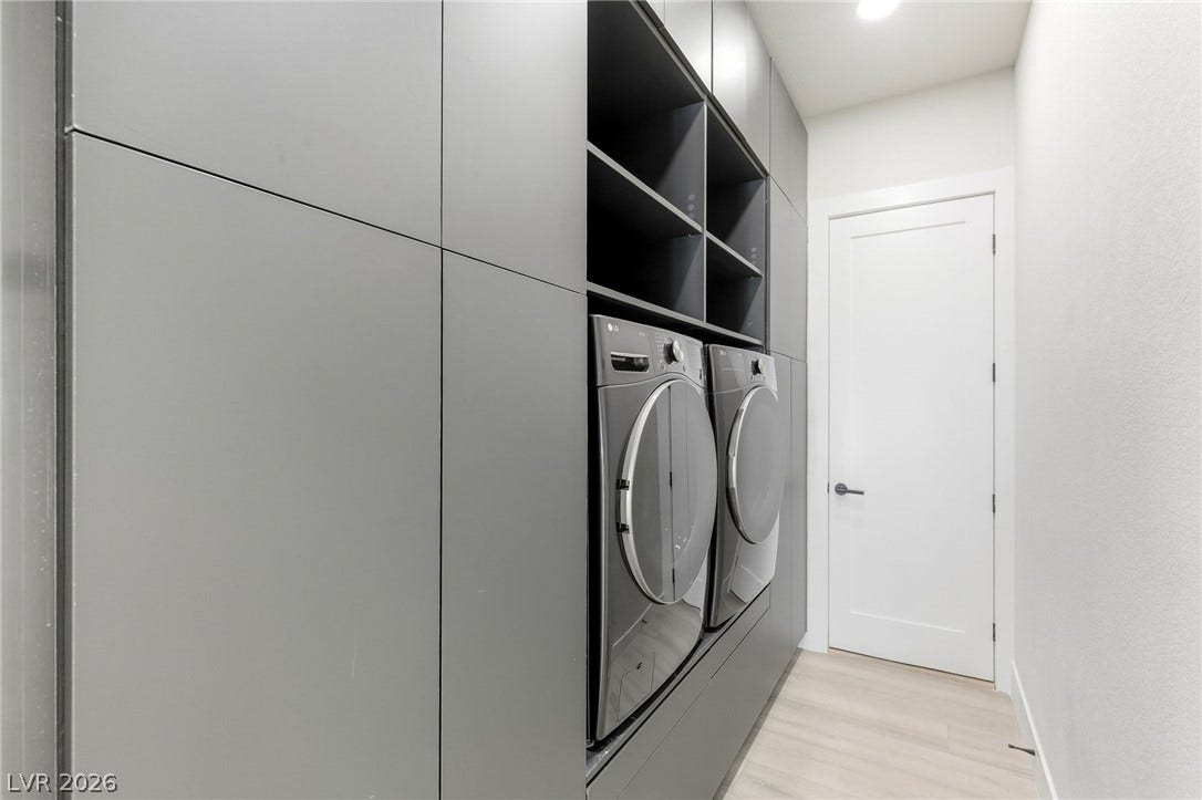 10626 San Vercelli Court, Las Vegas, NV 89141 Floor-to-ceiling cabinetry frames the laundry alcove with sleek modern doors.