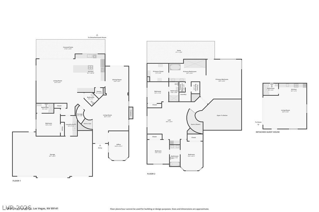 10626 San Vercelli Court, Las Vegas, NV 89141 Comprehensive floor plans illustrate the layout of both levels and the detached guest house.