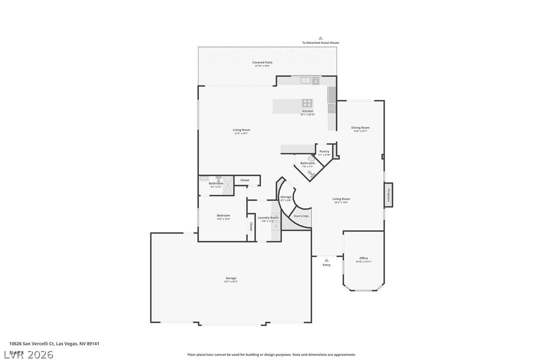 10626 San Vercelli Court, Las Vegas, NV 89141 A detailed layout illustrates the spacious main level flow and functional room arrangements.