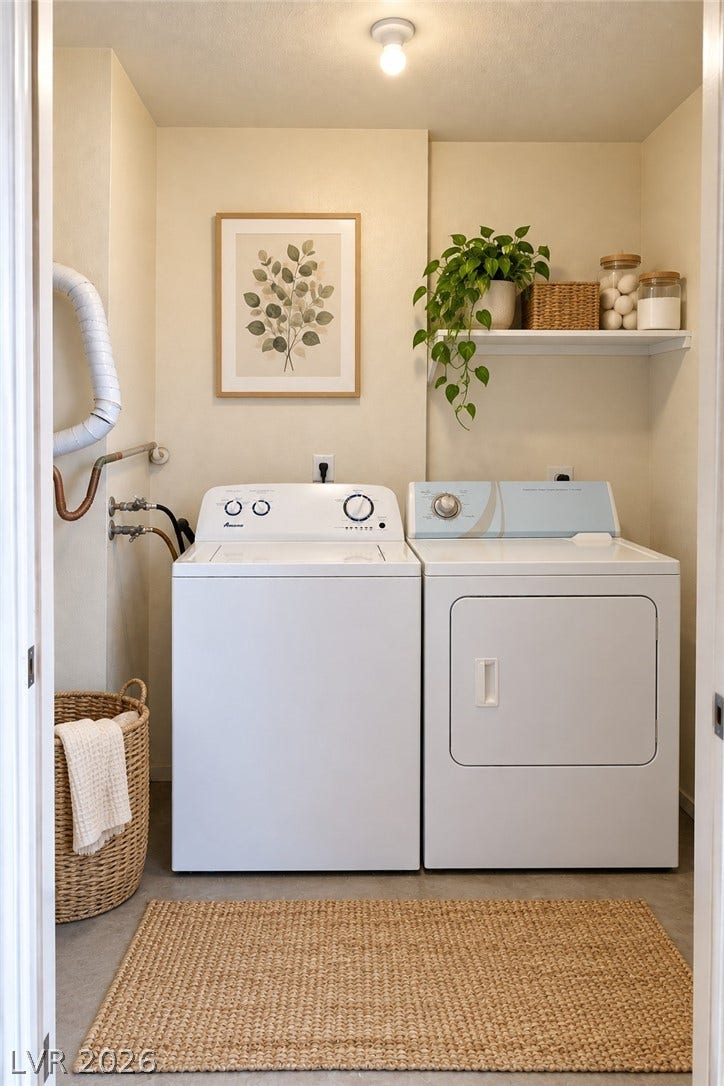 Virtually Staged 
An organized laundry closet features built-in shelving and essential washing connections.