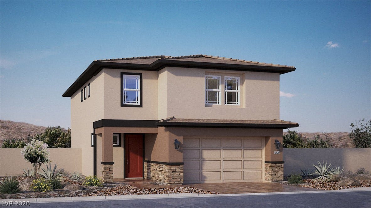 568 Ivory Peacock Ct, Henderson, NV 89011 A contemporary two-story exterior features stucco walls, stone accents, and an integrated two-car garage.