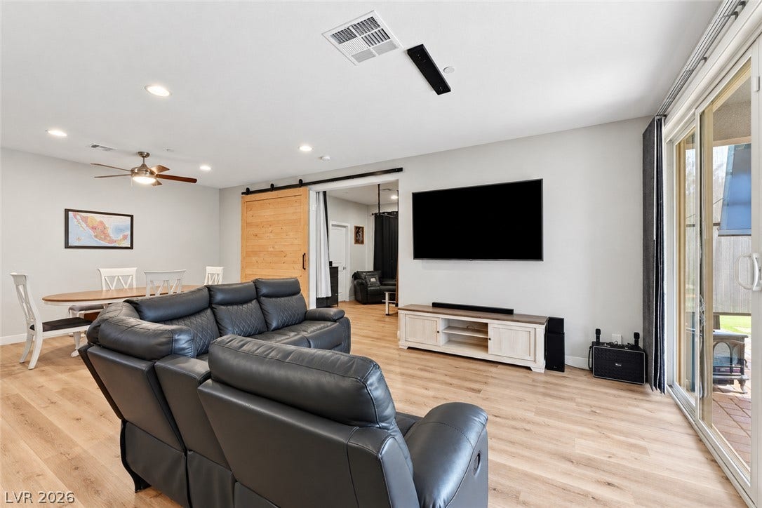 31 Cresta Villa Court, Henderson, NV 89011 Smooth wood floors and sliding glass doors define this open, airy main living space.