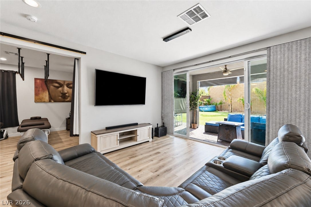 31 Cresta Villa Court, Henderson, NV 89011 Sliding glass doors frame views of the backyard from this light-filled living area.