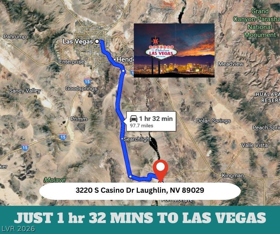 3220 Casino Dr, Laughlin, NV 89029 Convenient regional mapping highlights the property proximity to major metropolitan destinations.