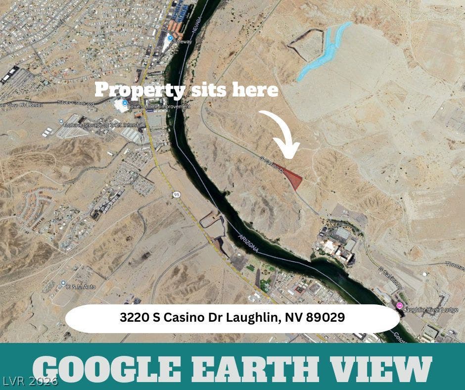3220 Casino Dr, Laughlin, NV 89029 An aerial map highlights the prime desert location of this property near the river.