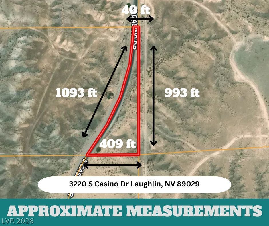 3220 Casino Dr, Laughlin, NV 89029 An aerial layout highlights the approximate parcel dimensions and boundary lines of this desert acreage.