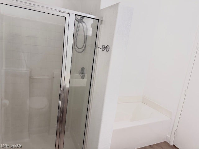 Glass-enclosed walk-in shower stands adjacent to a deep soaking tub.