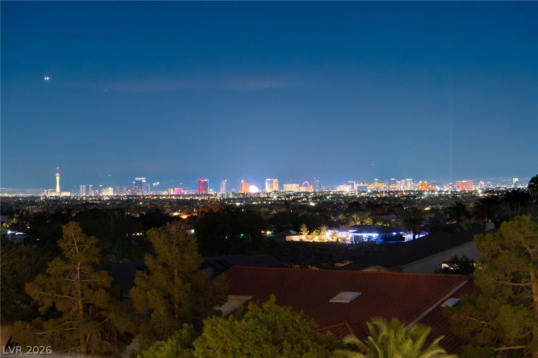 Glimmering city lights stretch across the horizon beneath a deep evening sky.