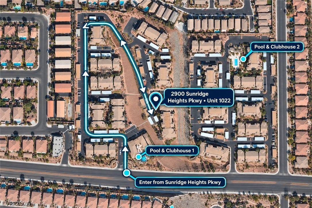 2900 Sunridge Heights Parkway, #1022, Henderson, NV 89052 An aerial layout highlights the community positioning and route details for this neighborhood property.
