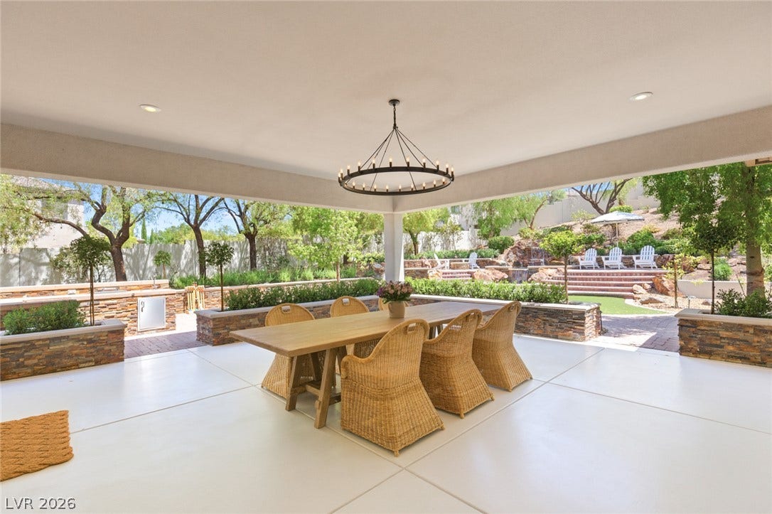 8 Pine Hollow Drive, Henderson, NV 89052 An expansive covered patio offers a comfortable outdoor space for dining and conversation, overlooking the landscaped backyard.