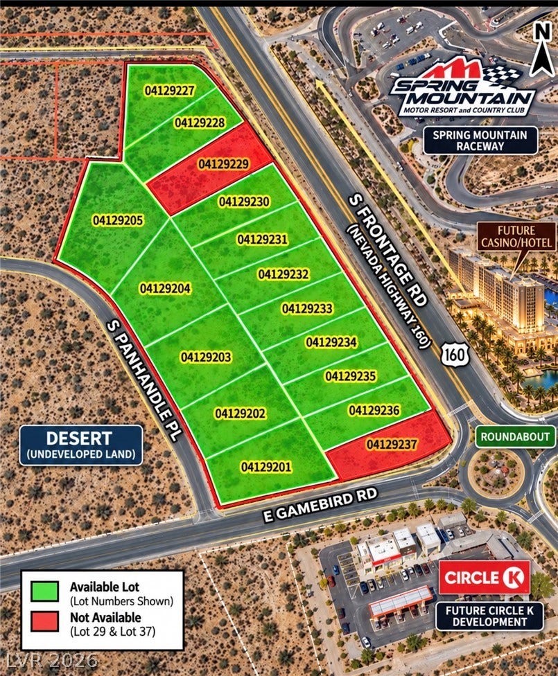 3870 S Frontage Road, Pahrump, NV 89048 Premium parcels highlighted on an aerial map showcase prime location near key developments.
