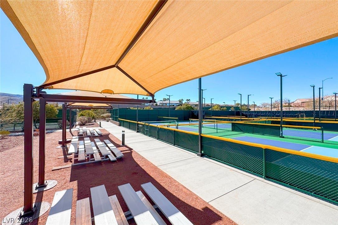 1646 Sebring Hills Drive, Henderson, NV 89052 Shaded spectator seating overlooks well-maintained pickleball courts under a clear blue sky.
