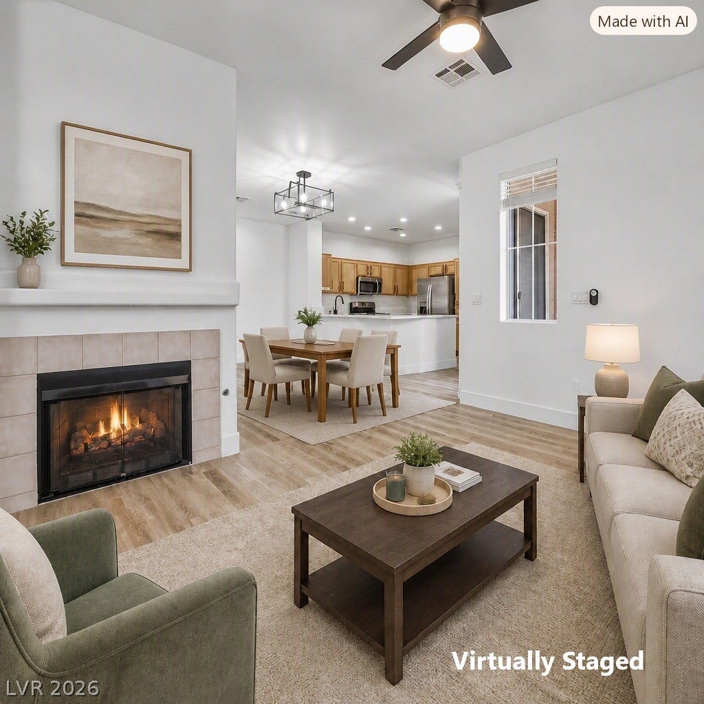 Virtually Staged Living Room, Get cozy during the cold winter months around the charming fireplace.