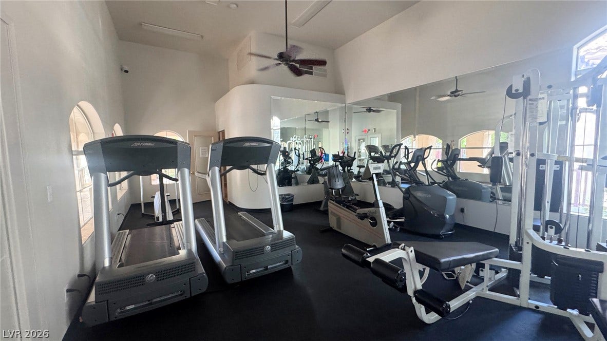 8304 Apple Glaze Avenue, #203, Las Vegas, NV 89145 High ceilings and tall windows enhance this well-lit fitness center.
