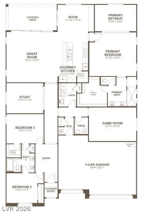 A well-designed single-story layout features a spacious three-car garage and seamless open-concept living spaces.
