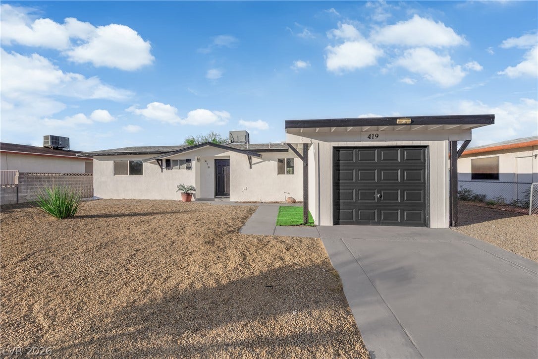 419 Scenic Drive, Henderson, NV 89002 Clean lines and a concrete driveway define the exterior of this single-story home.